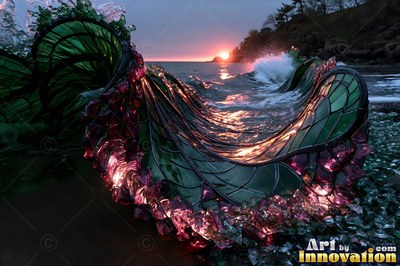 Curling over a rocky beach at sunset, a green leaded glass ocean wave