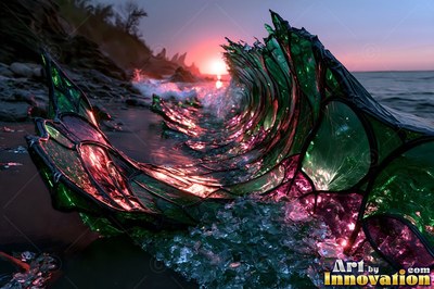 Green stained glass wave rolling onto a rocky shore at sunset