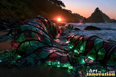 Green leaded glass panels form a rippling wave on a dark beach at sunset