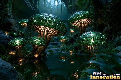 Green clear glass mushrooms rise around a dark pond, lit from inside with warm yellow light