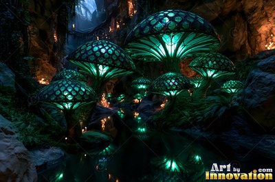 Standing tall in a dark cave, green clear glass mushrooms shine over water