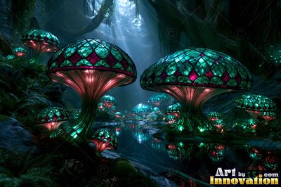Green stained-tinted glass mushrooms light up a dark forest pool