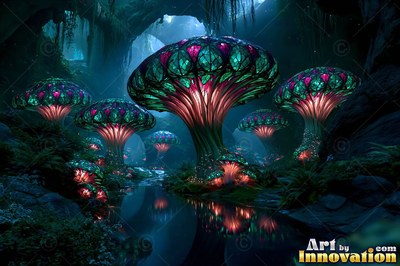 In a dark cave with water, bright pink and green stained-glass mushrooms grow along a stream
