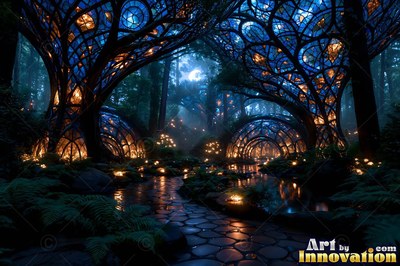 Arching over a wet stone path, blue stained glass canopies light up a night forest