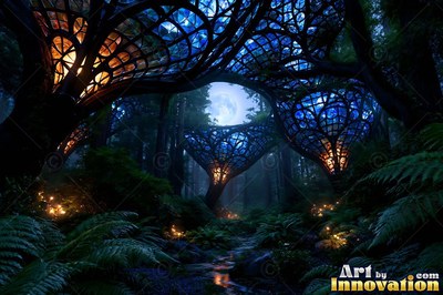 Tinted glass trees in a dark fern forest under the full moon