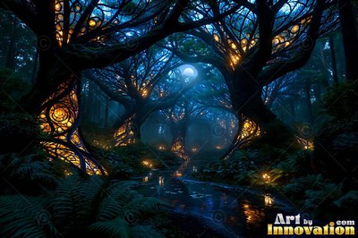 Gold light shines inside dark curved trees along a stream in a deep night forest