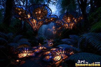 Glass flower lamps line a dark forest path, shining with warm yellow light