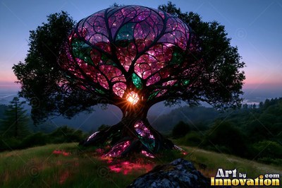 Standing upright on a grassy ridge, a leaded glass tree shines with pink light