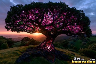 A large tree with purple colored glass leaves sits on a grassy hill at sunset