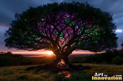 At sunset on a grassy hill, a broad tree shines with purple and green lights