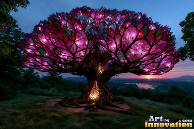 Shining against the twilight, a stained-glass tree spreads pink leaves over a hill