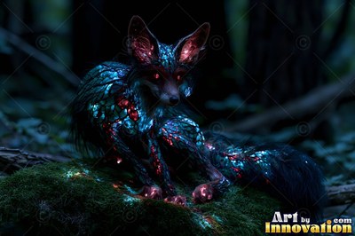 A fox with blue and red crystal fur sitting on a mossy rock