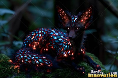 Scales of bright blue and orange cover a small fox resting on a mossy log in a dark forest