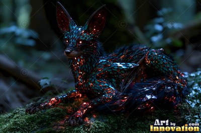 A crystal-scaled fox rests on moss, lit from within by orange light