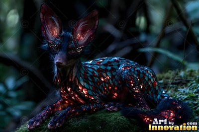 Lying on moss in a dark forest, a fox has bright teal and red glass scales