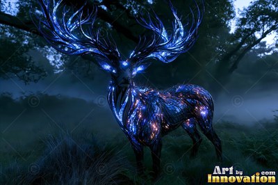 A shiny blue deer with lit up antlers stands in a foggy dark forest
