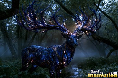In a dark forest, a blue deer with crystal antlers stands in the mist