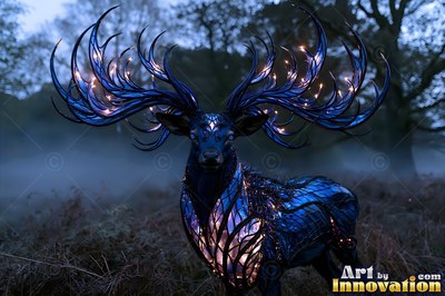 Standing in foggy woods, a blue stag shines with tiny lights on its wide antlers