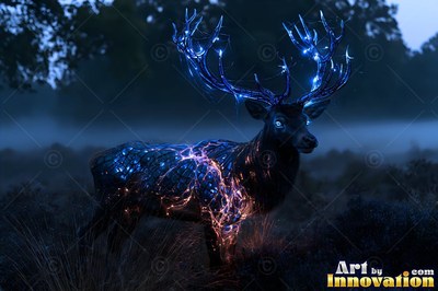 A deer with bright blue antlers standing in a dark misty field