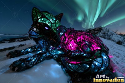 Green and pink stained glass panels form a wolf resting on snow under northern lights