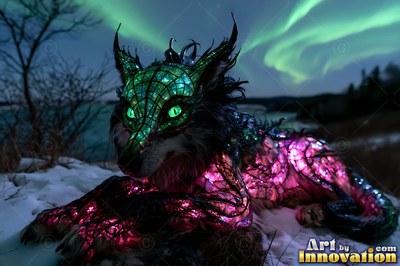 A stained-glass wolf lies in the snow under northern lights, lit with green and pink glass