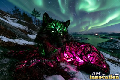 Lying on a snowy hill, a wolf with green and pink glass fur rests under northern lights