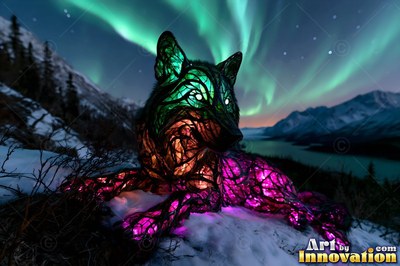 A mosaic glass wolf rests on a snowy mountain under green northern lights