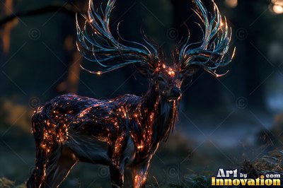 In a dark forest, a deer stands with orange sparks on its fur and antlers