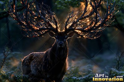 Standing in a dark forest, a deer has branch antlers strung with warm fairy lights