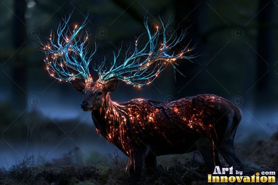 A deer with blue branch antlers lit by small orange lights