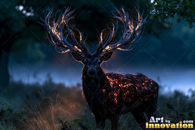 Bright orange light shines through a deer's huge antlers in a dark, misty forest