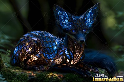 A glass fox rests on mossy ground, lit from within by blue and amber light