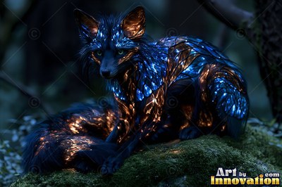 Crouched low on a mossy rock in a dark forest, a blue and orange fox sits