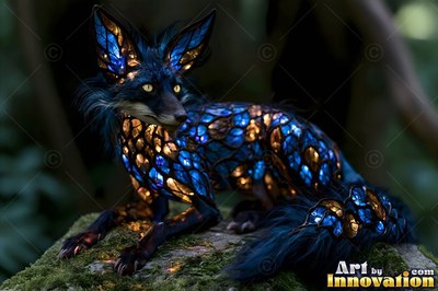 A fox made of blue and amber glass lies on a mossy rock in the woods