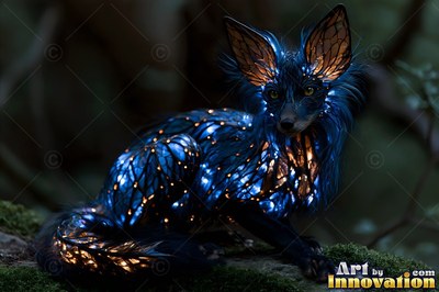 In a dark forest, a blue fox with bright stained glass fur sits on moss