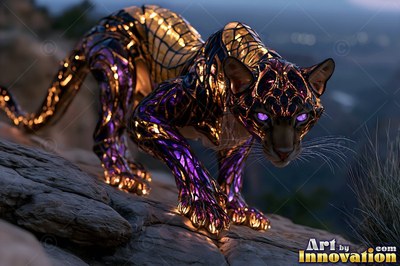 Creeping along rocky ground, a panther shines in gold and purple glass