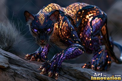 A leaded glass panther with purple eyes crouches on rocks