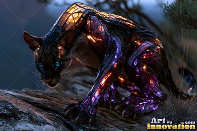 Bright blue eyes on a big cat covered in purple tinted glass, crouched on dark rock