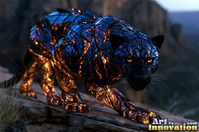 A glass panther stalks along a rocky ledge, with warm orange light shining through deep blue shards