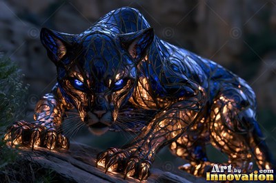 Crouched low on a rock, a stained glass panther with bright blue eyes prowls forward