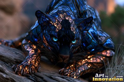 A blue colored glass panther crouches low on a rock outdoors with bright eyes