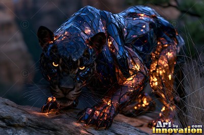 On a dark rocky ledge, a black glass panther crouches with warm yellow light inside
