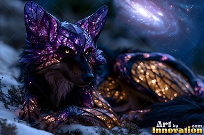 Resting on snowy ground, a glass wolf shines with purple and amber light