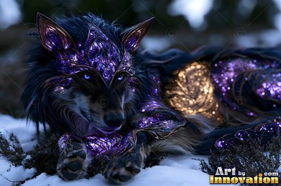 A dark wolf with purple crystal fur rests in snow