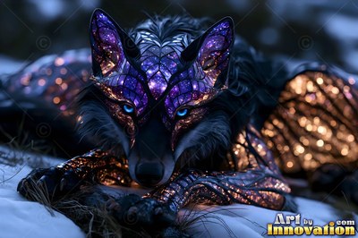 Purple glass tiles cover the face of a winged wolf resting in dark snow