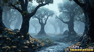 In blue fog, thick gnarled trees grow around a small muddy creek