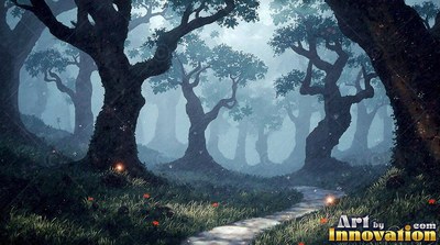 Winding through dark woods, a stone path leads past crooked trees in blue fog