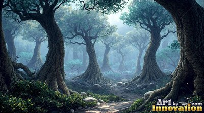 Old twisted trees line a dirt path in blue mist