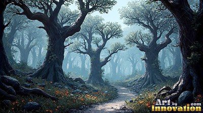 Thick twisted roots of gnarled trees flank a dirt path winding through pale blue mist