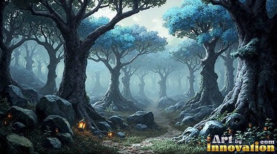 Ancient trees stand along a dirt path under cool blue canopy light